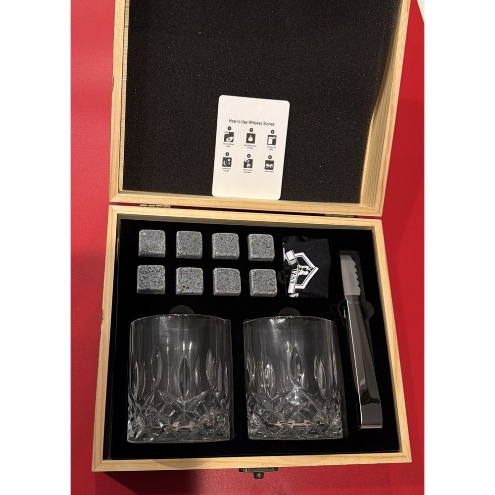 Whiskey Stones Gift Set: with Two 10oz Lead-Free Crystal Whiskey Glasses Tongs